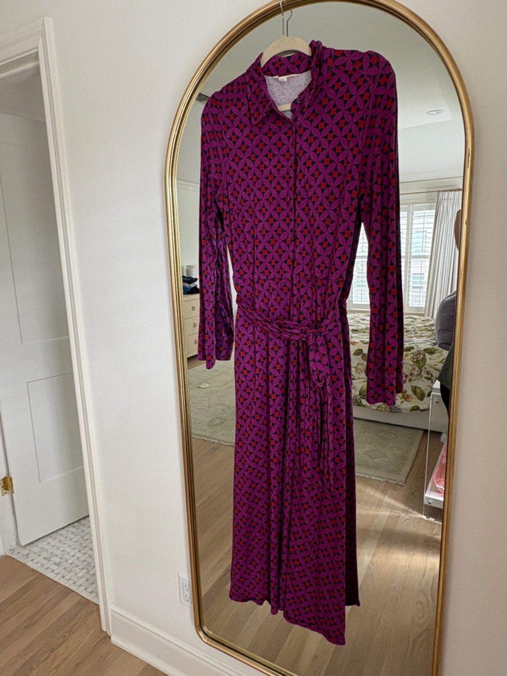 Boden Purple Geometric Midi Wrap Dress with Waist Tie